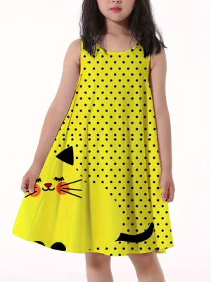 Vibrant Polka Dots Cat Print Cami Dress for Girls - Soft Slight Stretch Polyester A-line Sundress with Sleeveless Design for Summer Vacation - Machine Washable, Regular Fit, Loose Silhouette, and Knit Fabric