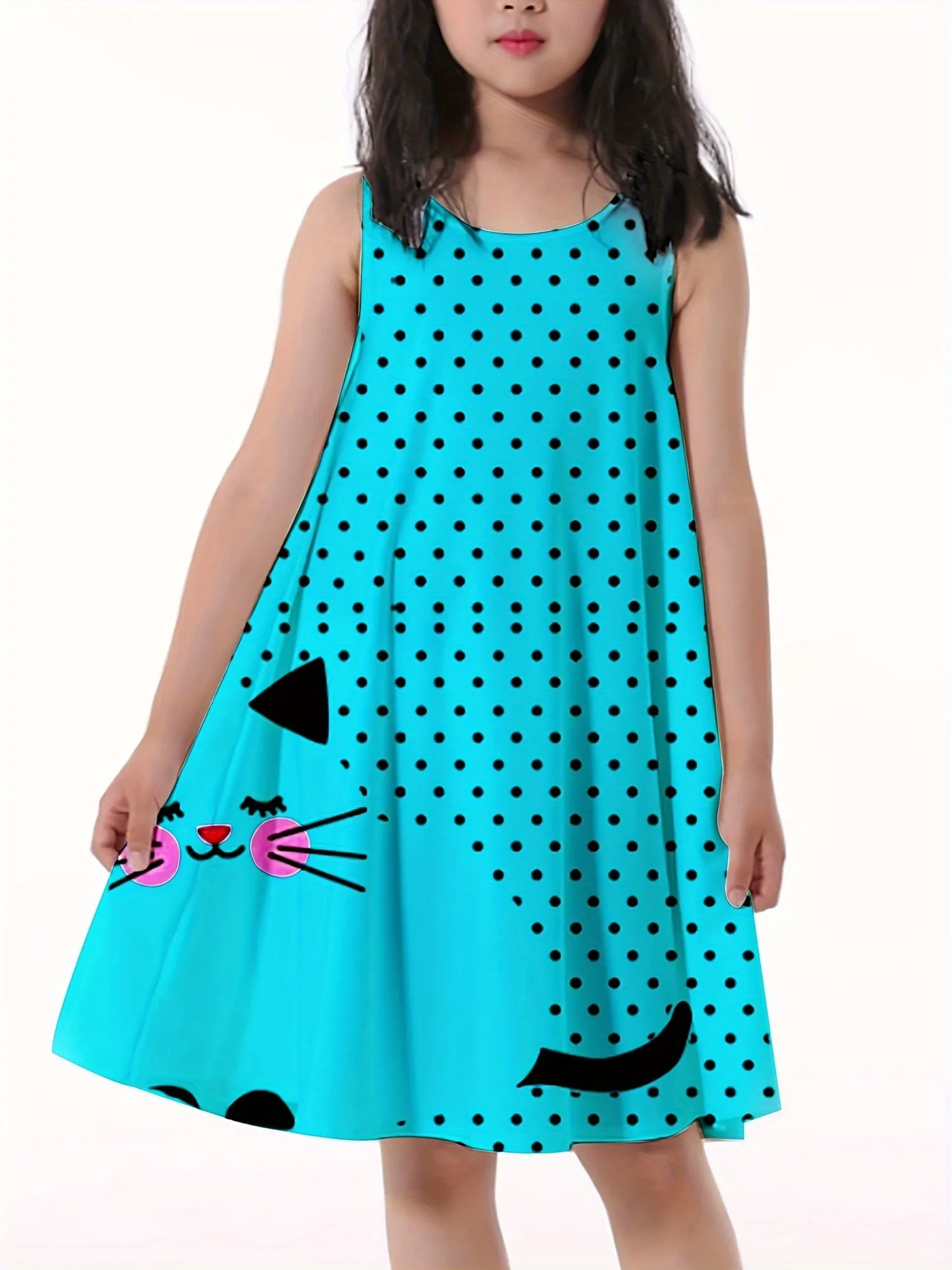 Vibrant Polka Dots Cat Print Cami Dress for Girls - Soft Slight Stretch Polyester A-line Sundress with Sleeveless Design for Summer Vacation - Machine Washable, Regular Fit, Loose Silhouette, and Knit Fabric