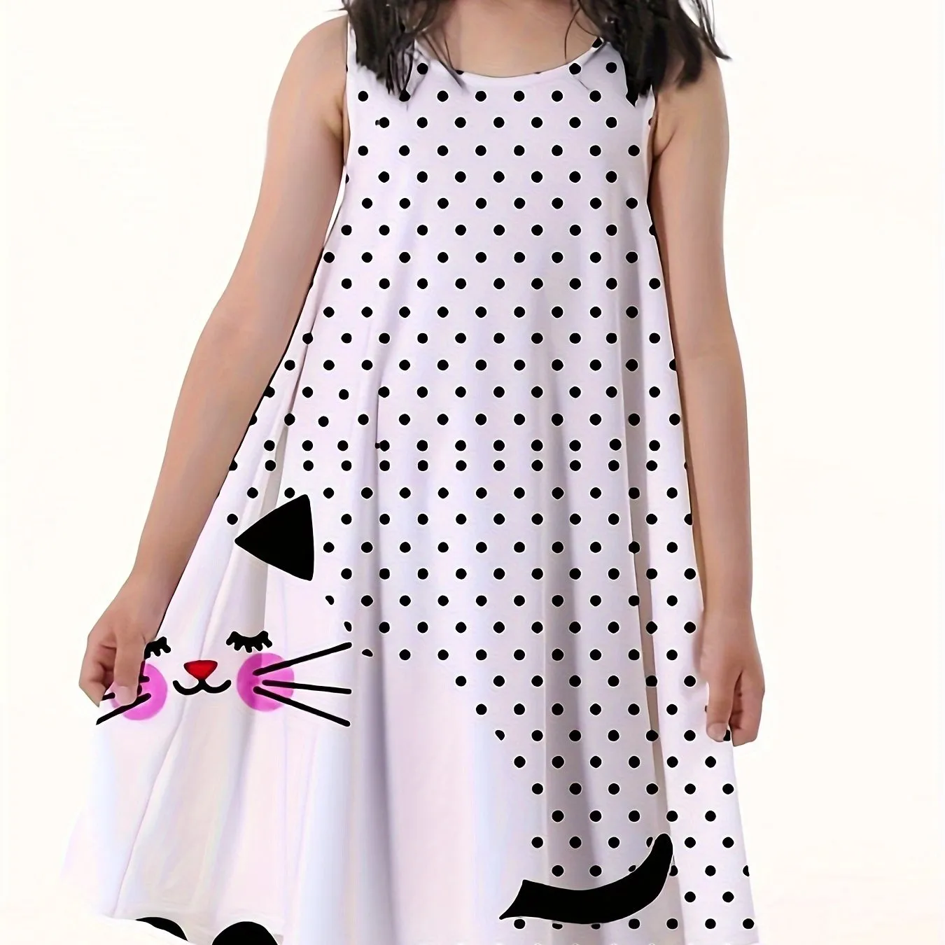 Vibrant Polka Dots Cat Print Cami Dress for Girls - Soft Slight Stretch Polyester A-line Sundress with Sleeveless Design for Summer Vacation - Machine Washable, Regular Fit, Loose Silhouette, and Knit Fabric