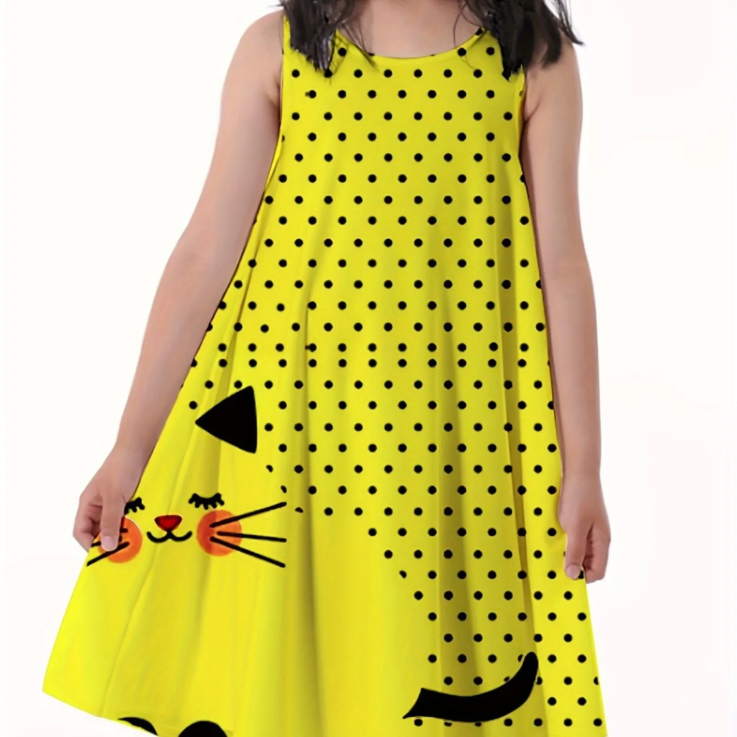 Vibrant Polka Dots Cat Print Cami Dress for Girls - Soft Slight Stretch Polyester A-line Sundress with Sleeveless Design for Summer Vacation - Machine Washable, Regular Fit, Loose Silhouette, and Knit Fabric