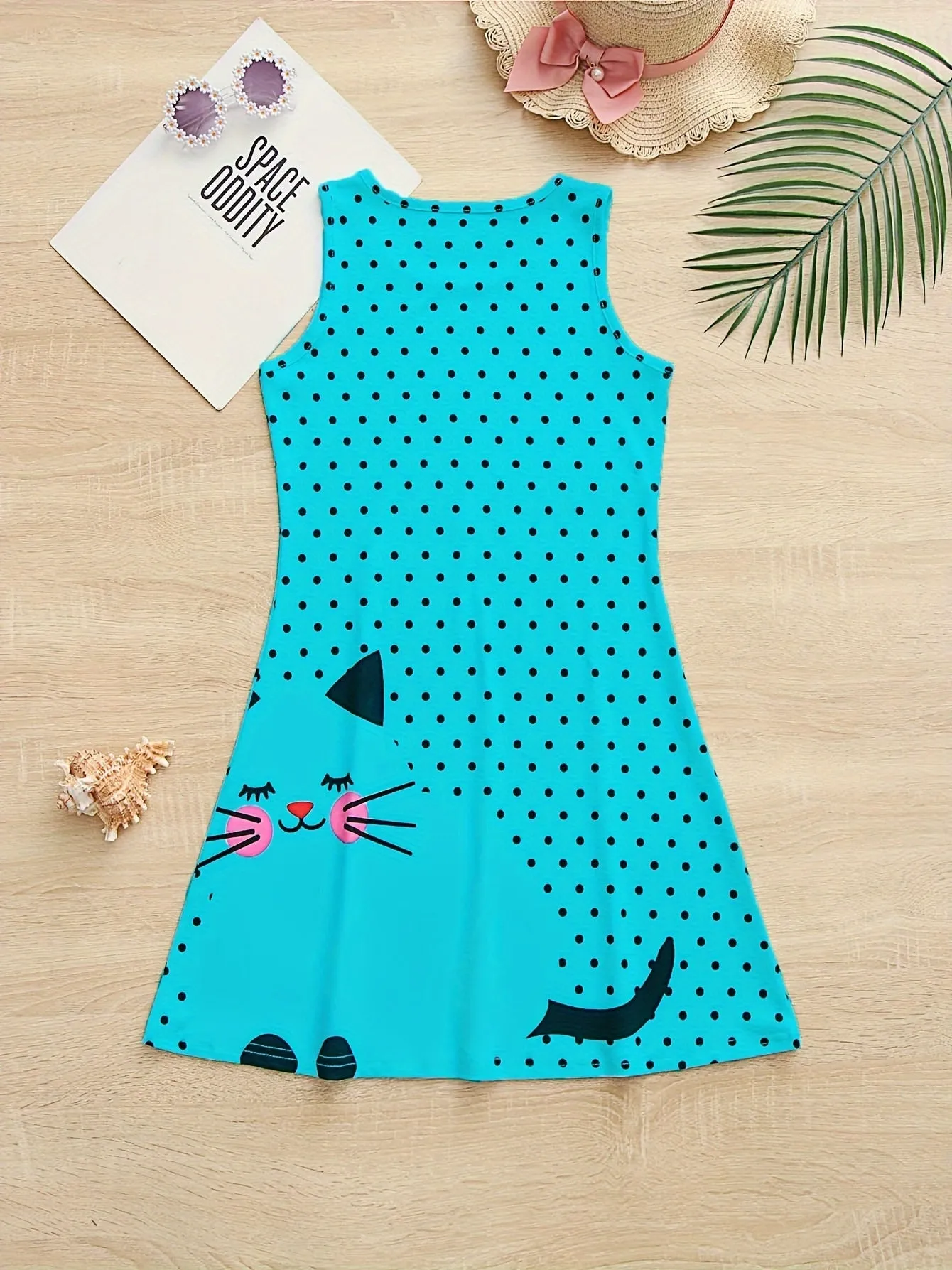 Vibrant Polka Dots Cat Print Cami Dress for Girls - Soft Slight Stretch Polyester A-line Sundress with Sleeveless Design for Summer Vacation - Machine Washable, Regular Fit, Loose Silhouette, and Knit Fabric