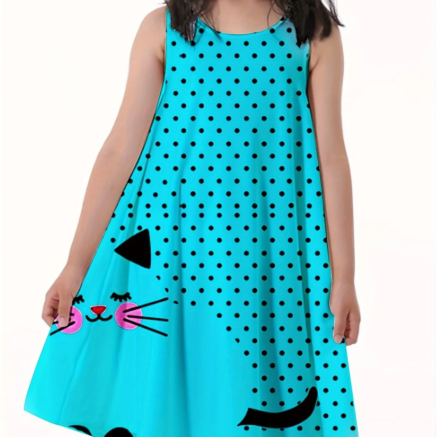 Vibrant Polka Dots Cat Print Cami Dress for Girls - Soft Slight Stretch Polyester A-line Sundress with Sleeveless Design for Summer Vacation - Machine Washable, Regular Fit, Loose Silhouette, and Knit Fabric
