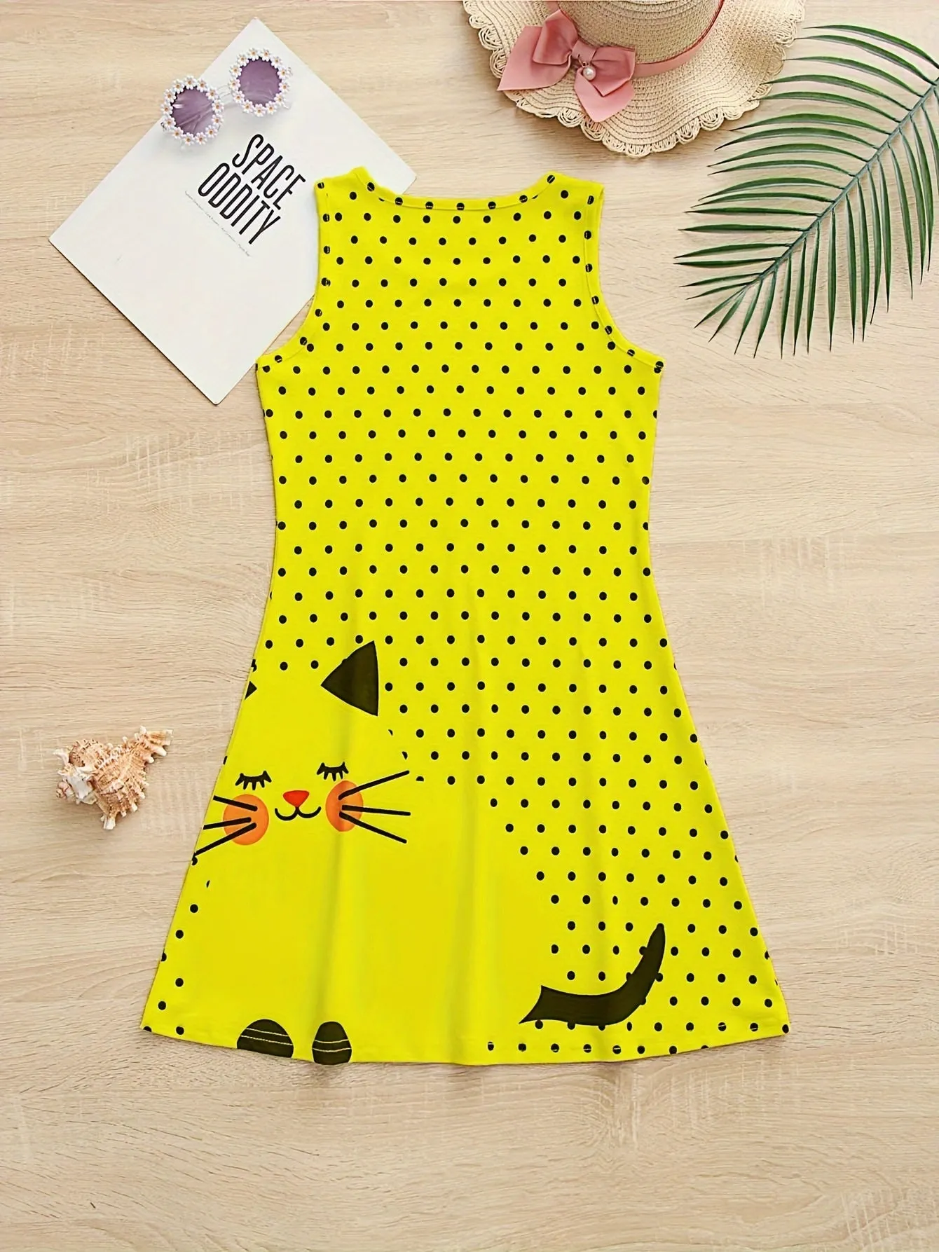 Vibrant Polka Dots Cat Print Cami Dress for Girls - Soft Slight Stretch Polyester A-line Sundress with Sleeveless Design for Summer Vacation - Machine Washable, Regular Fit, Loose Silhouette, and Knit Fabric