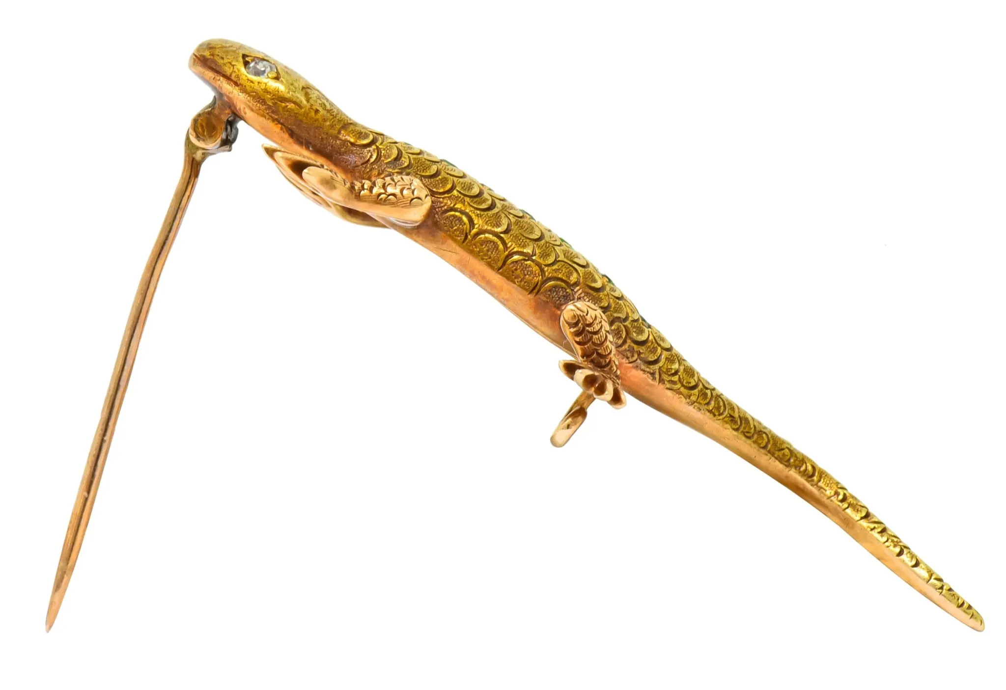 Victorian Demantoid Garnet Diamond 14 Karat Gold Lizard Brooch