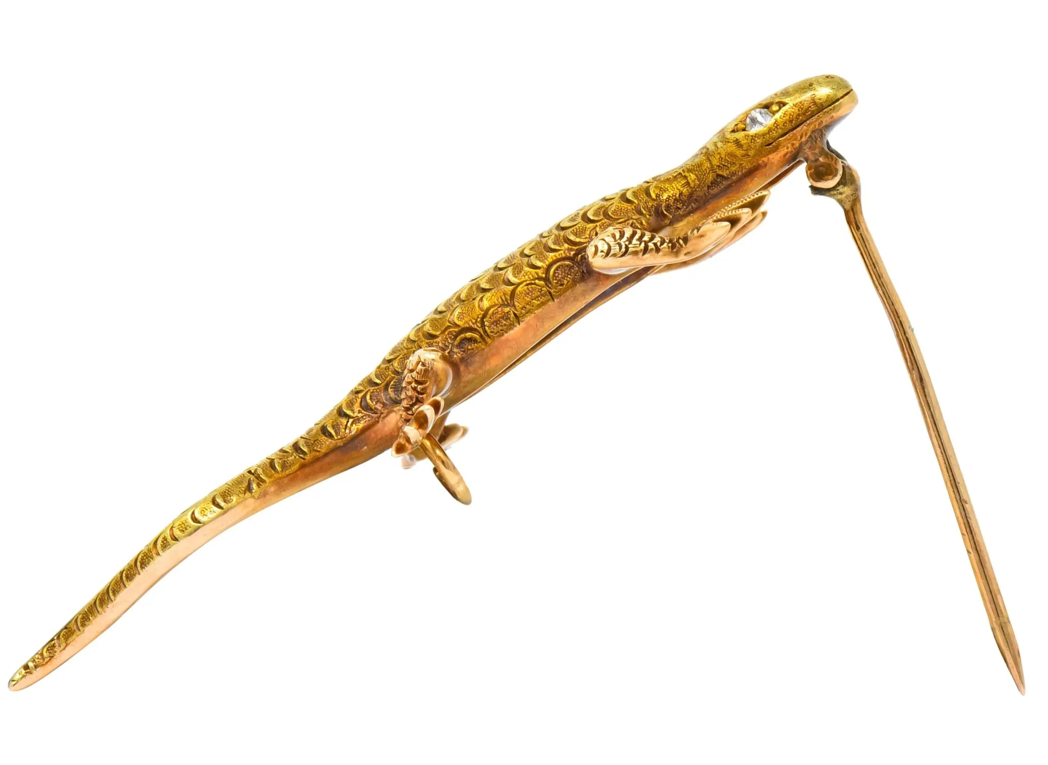 Victorian Demantoid Garnet Diamond 14 Karat Gold Lizard Brooch