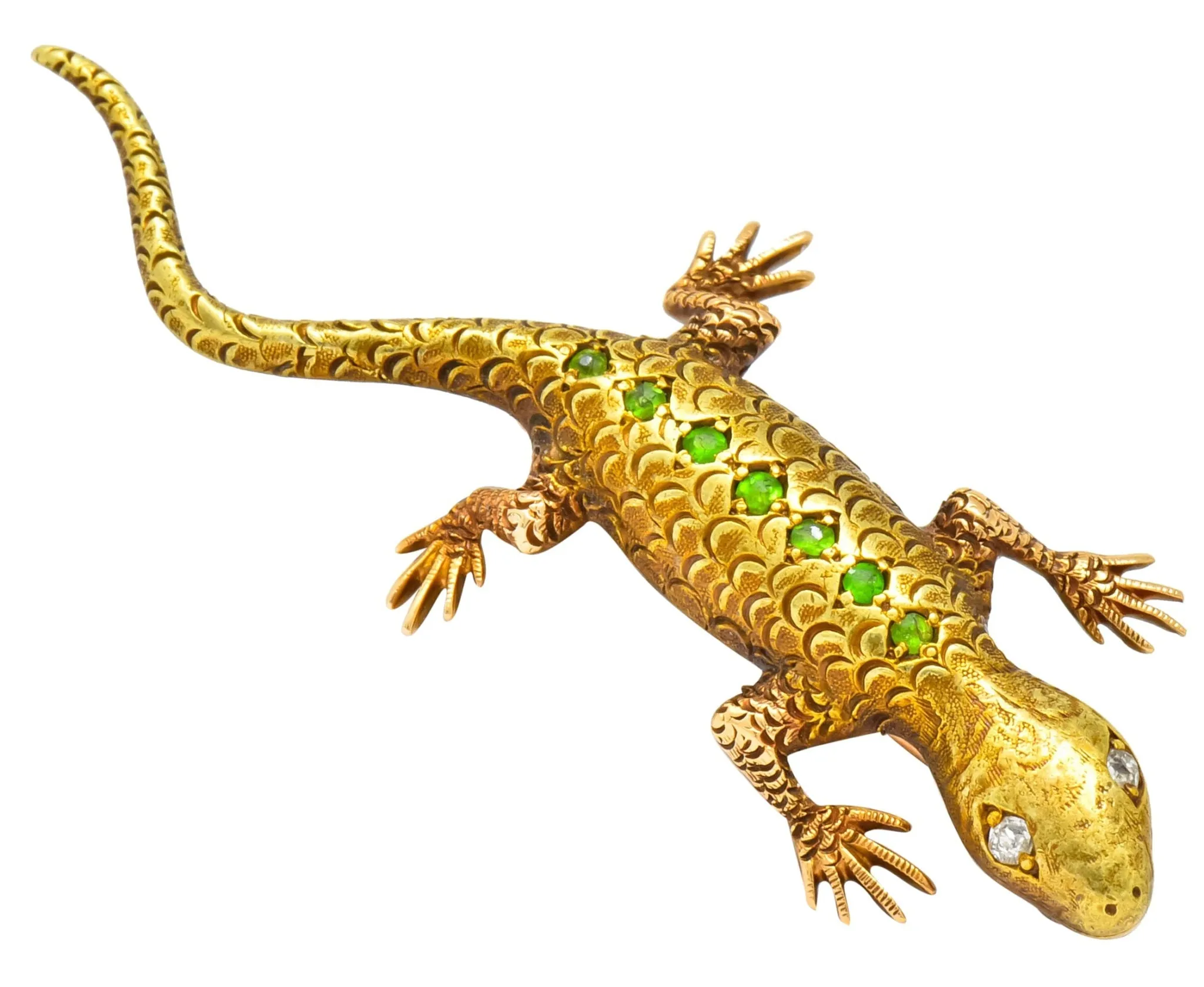 Victorian Demantoid Garnet Diamond 14 Karat Gold Lizard Brooch