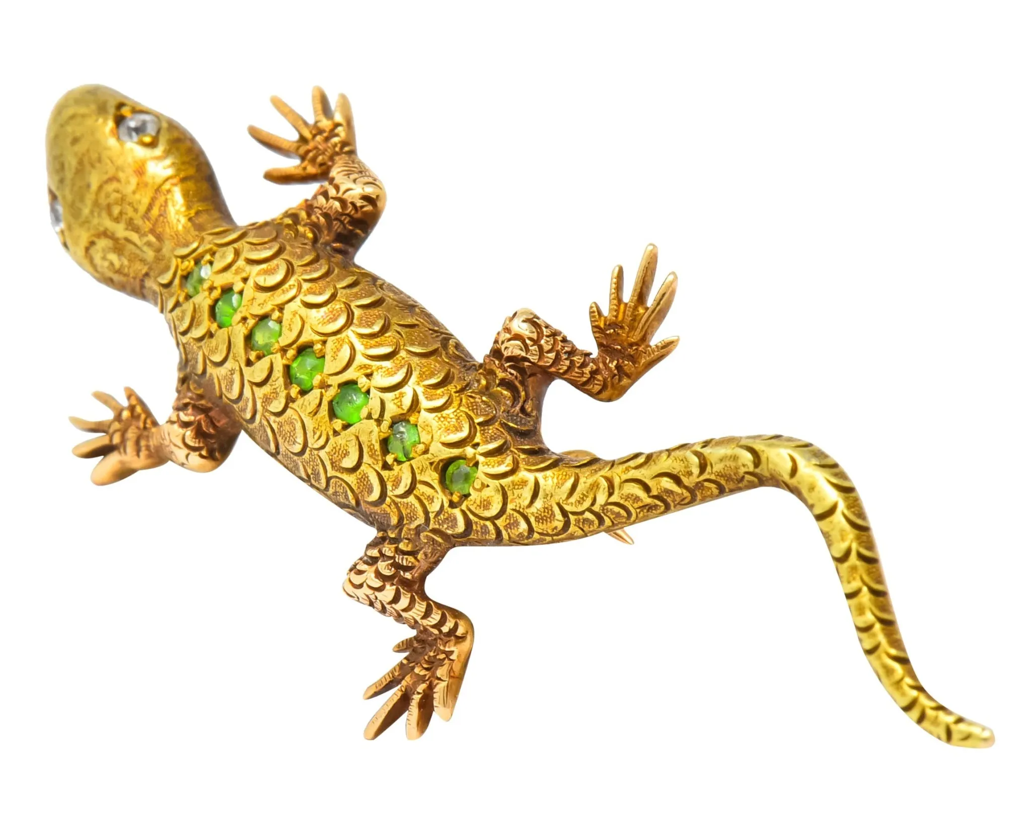 Victorian Demantoid Garnet Diamond 14 Karat Gold Lizard Brooch