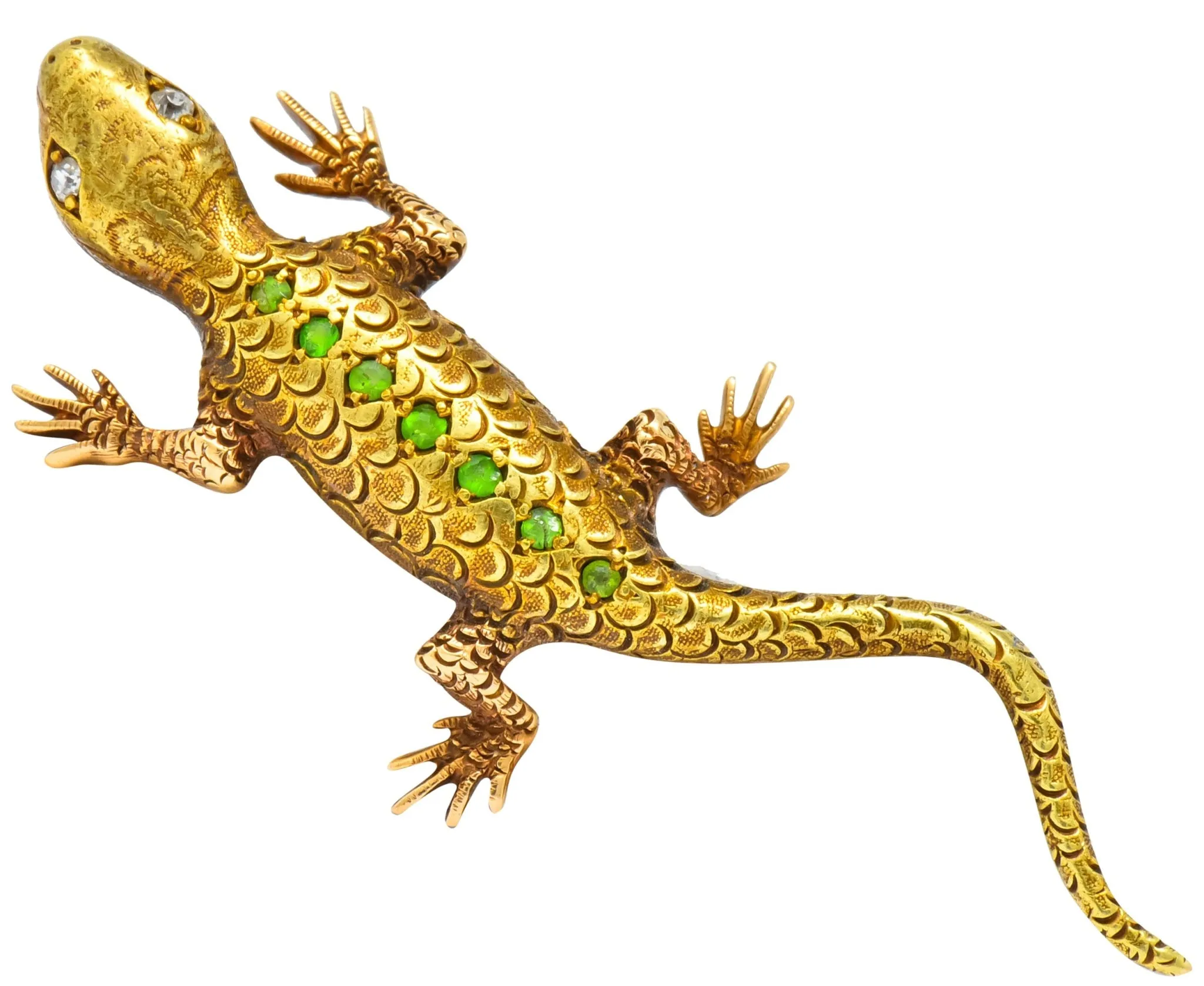 Victorian Demantoid Garnet Diamond 14 Karat Gold Lizard Brooch