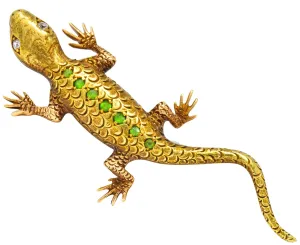Victorian Demantoid Garnet Diamond 14 Karat Gold Lizard Brooch