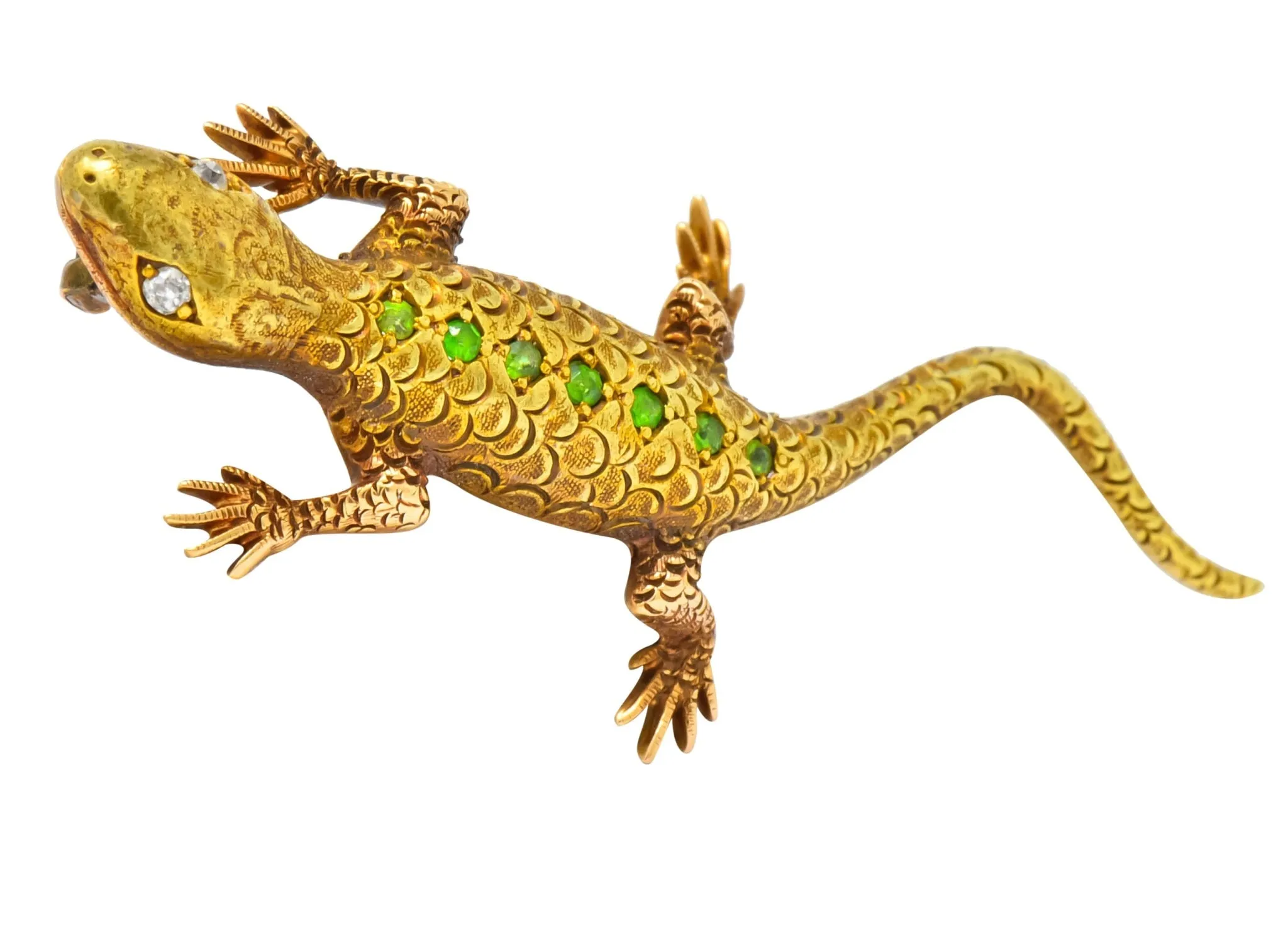 Victorian Demantoid Garnet Diamond 14 Karat Gold Lizard Brooch