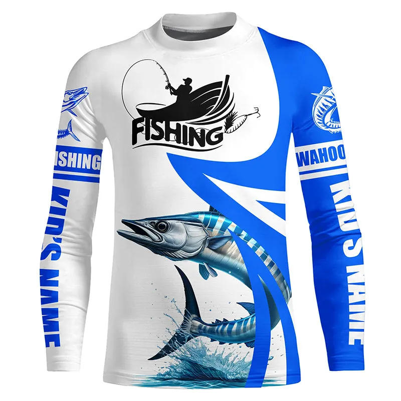 Wahoo fishing Custom sun protection Kid long sleeve fishing shirts, Wahoo saltwater jerseys | Blue NQS5460