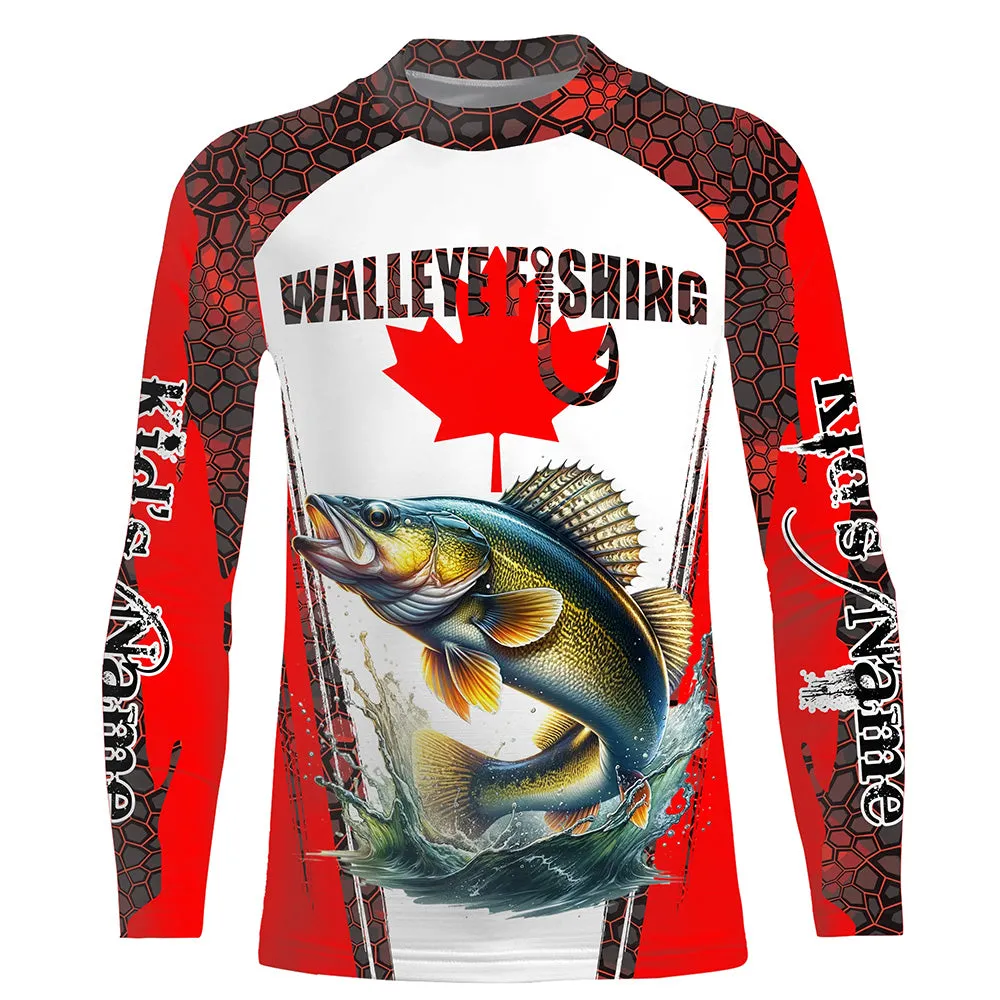 Walleye fishing red camo Custom Canadian flag Kid Long Sleeve Fishing shirt NQS5652