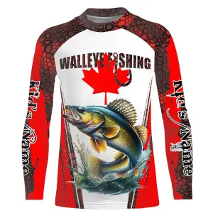 Walleye fishing red camo Custom Canadian flag Kid Long Sleeve Fishing shirt NQS5652