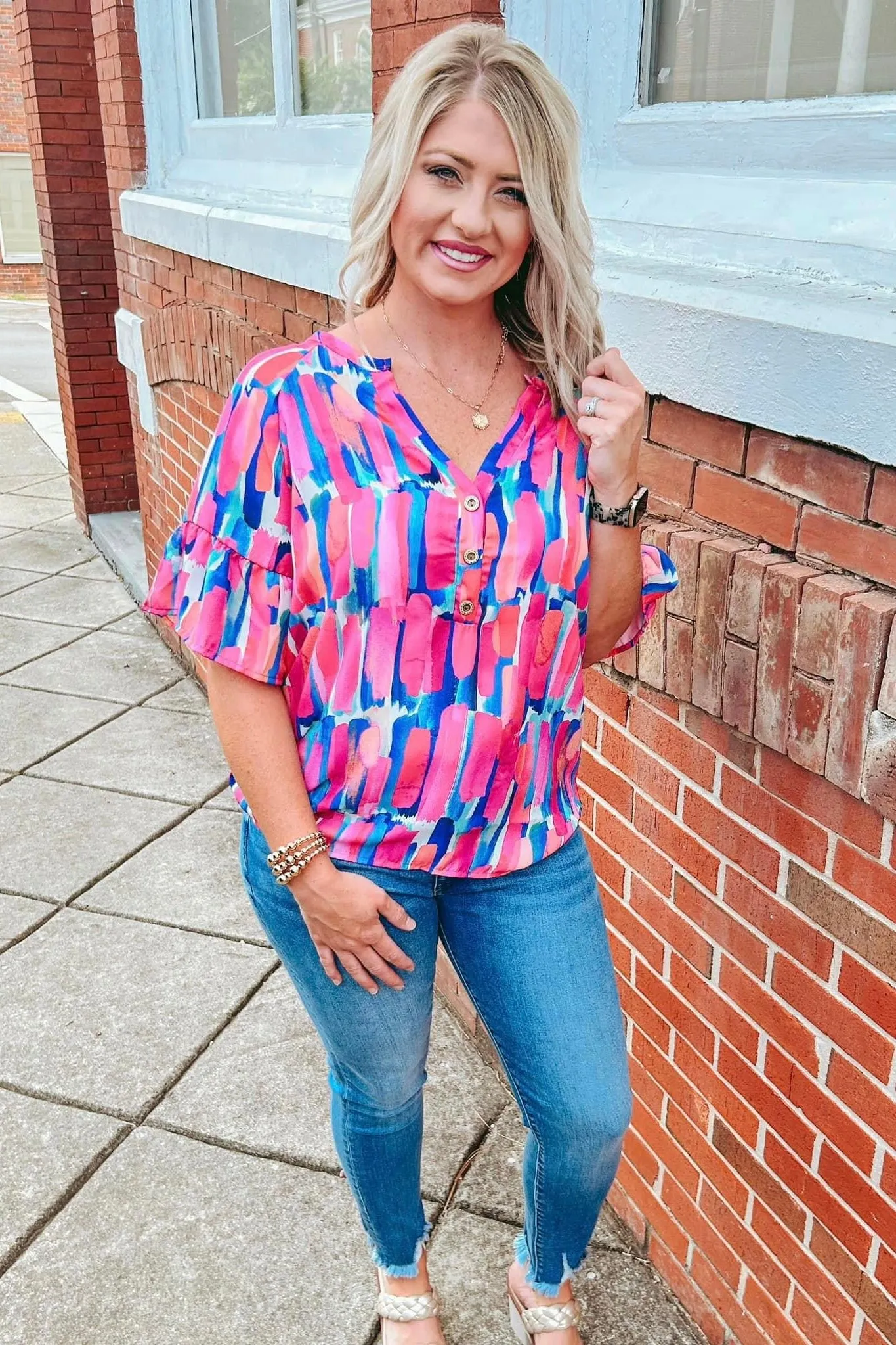 Watercolor Paint Print Button Detail Ruffled Short Sleeves Top- Fuchsia/Royal Blue