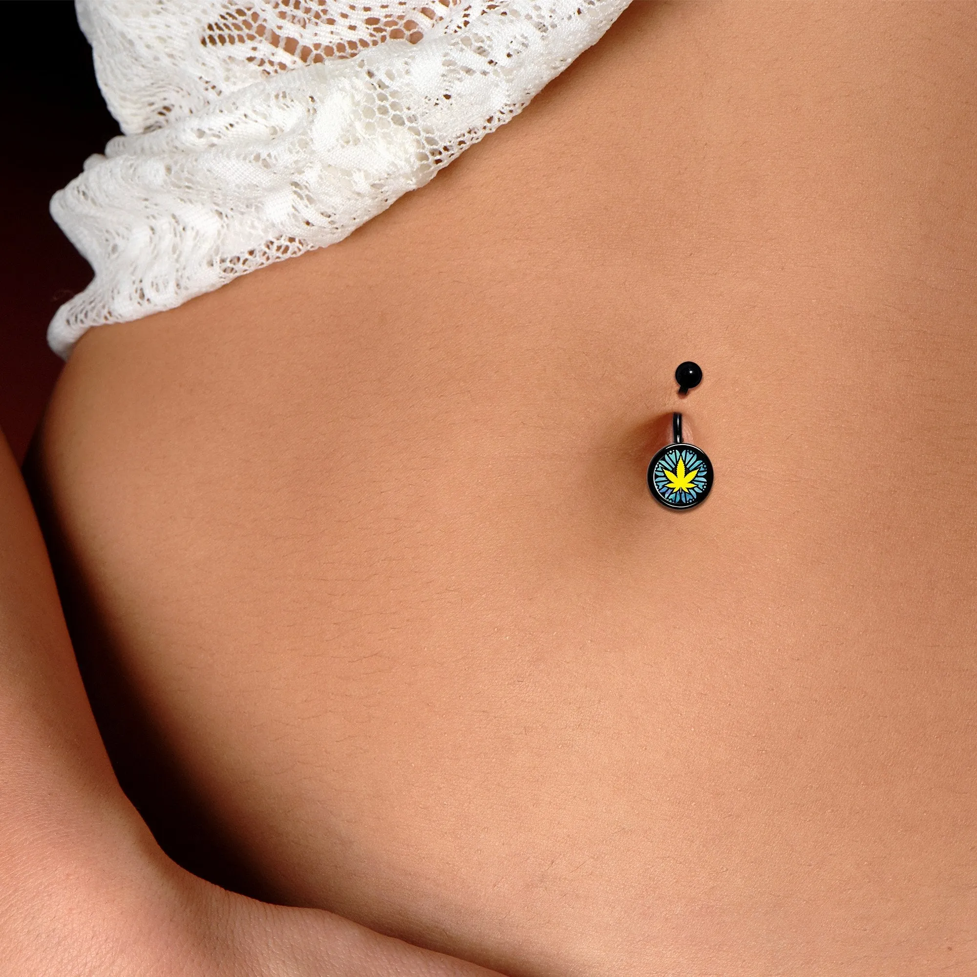Watercolor Pot Leaf Black Belly Ring