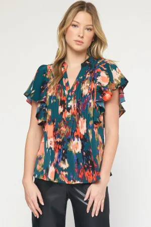 Watercolor Printed Pintuck Short Sleeve Top