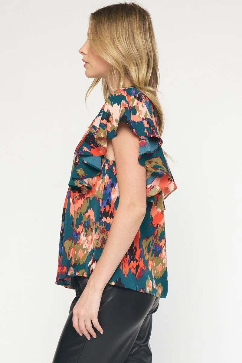 Watercolor Printed Pintuck Short Sleeve Top