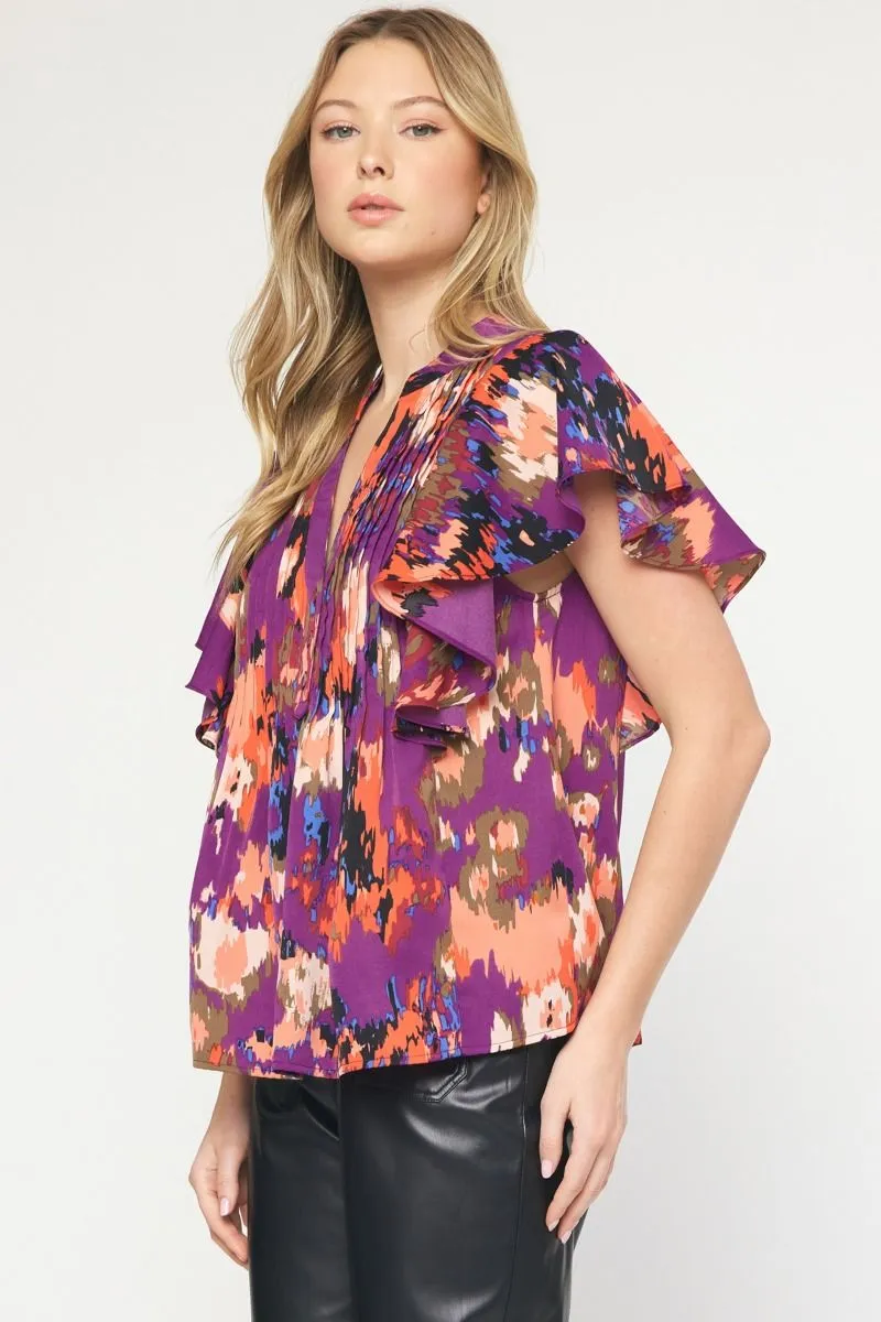 Watercolor Printed Pintuck Short Sleeve Top