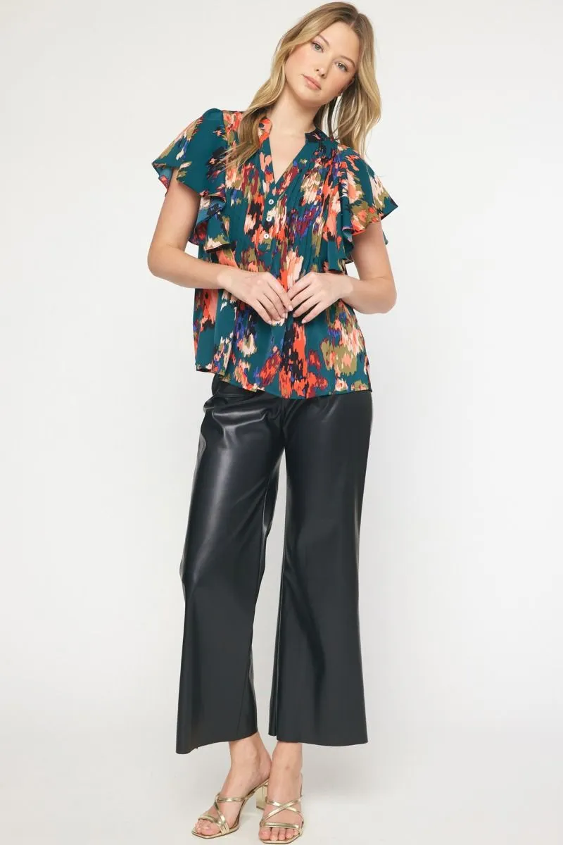Watercolor Printed Pintuck Short Sleeve Top