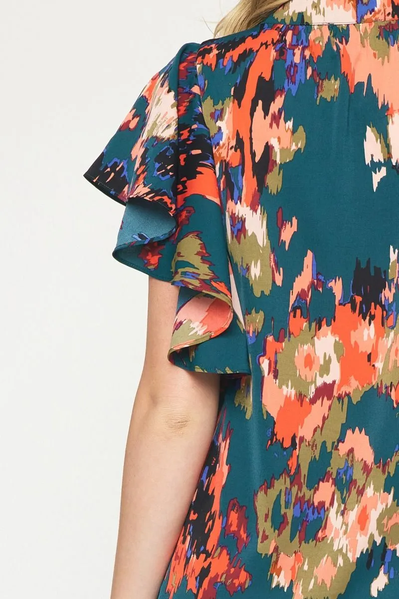 Watercolor Printed Pintuck Short Sleeve Top