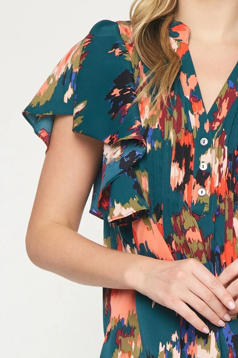 Watercolor Printed Pintuck Short Sleeve Top