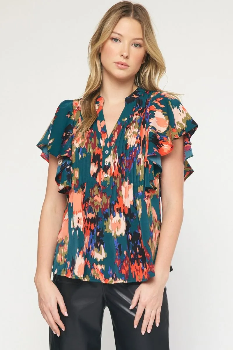 Watercolor Printed Pintuck Short Sleeve Top