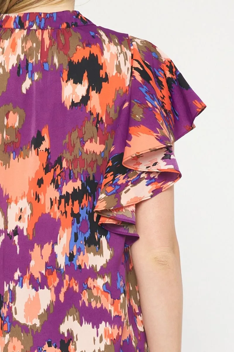 Watercolor Printed Pintuck Short Sleeve Top