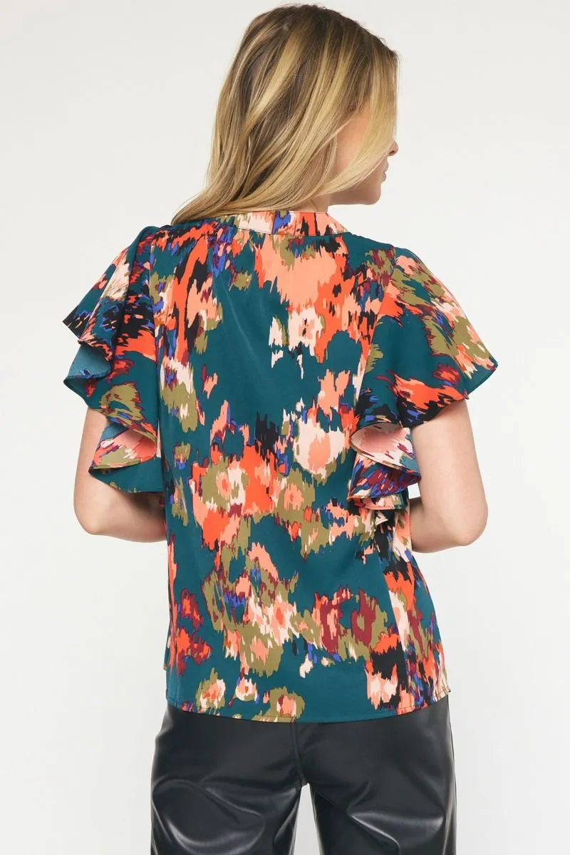 Watercolor Printed Pintuck Short Sleeve Top