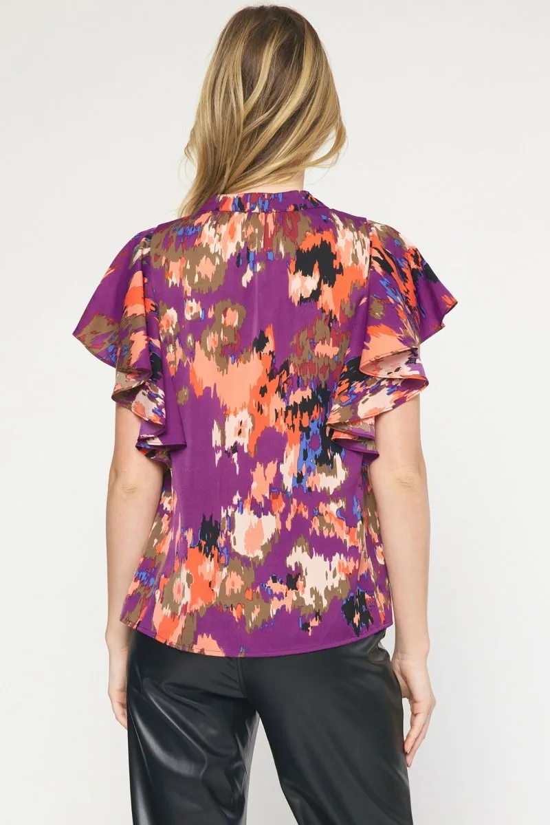 Watercolor Printed Pintuck Short Sleeve Top