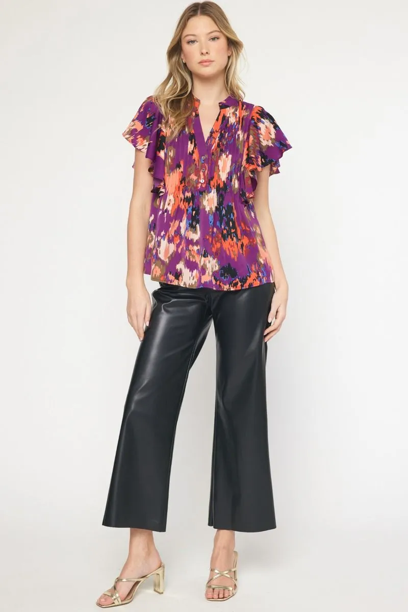 Watercolor Printed Pintuck Short Sleeve Top