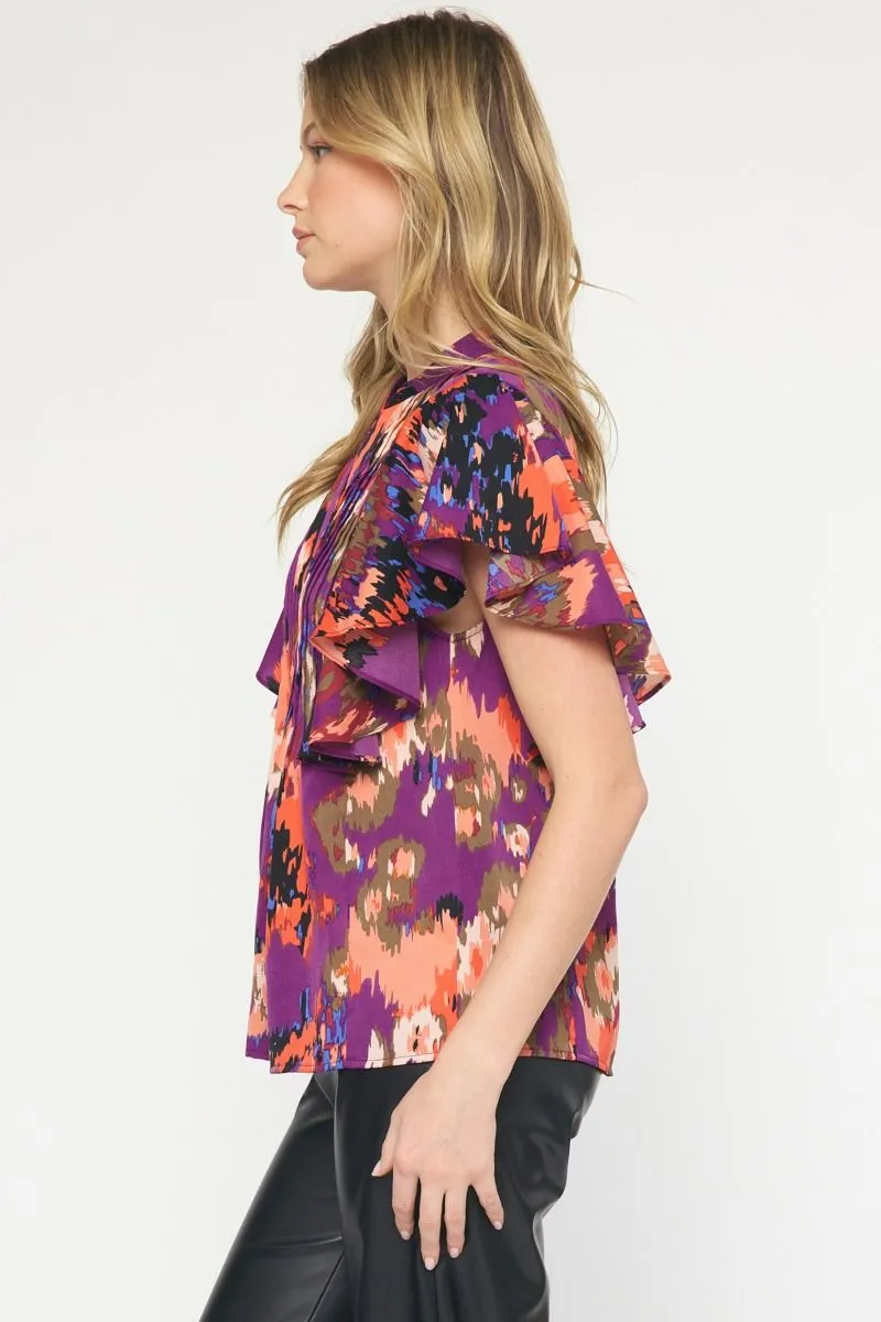 Watercolor Printed Pintuck Short Sleeve Top