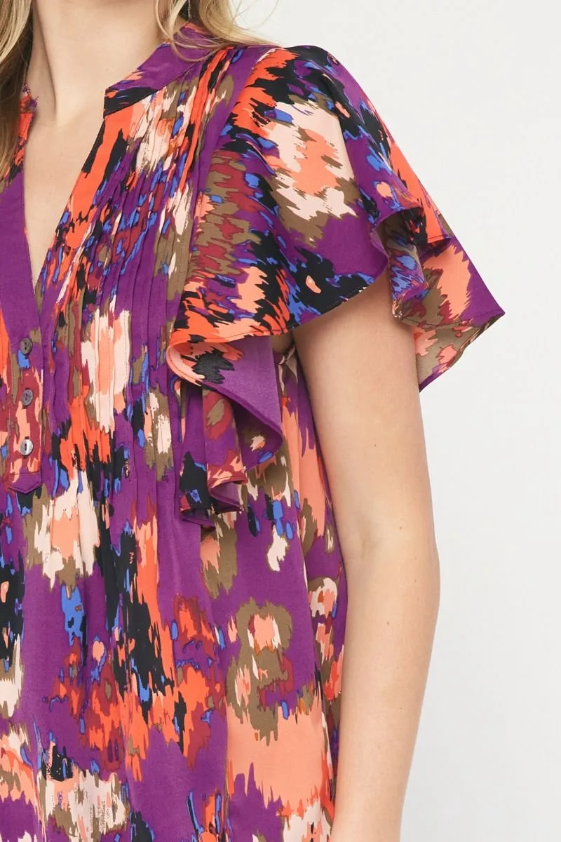Watercolor Printed Pintuck Short Sleeve Top