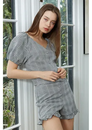 Women's Plaid Puff Shoulder Button Down Blouse In Black